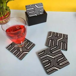 Crayton Black Wooden Geometric Printed Square Coasters with Holder - Set of 6-87