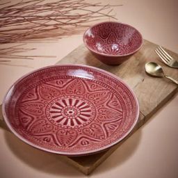 Fabindia Pushp Embossed Red Ceramic Bowl and Platter Set-image-45