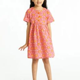 Campana Kids Pink & Orange Mughal Jaali Print Dress-image-47