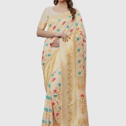 Satrani Beige Woven Saree With Unstitched Blouse-image-39