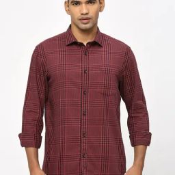 Basics Red Cotton Slim Fit Checks Shirt-image-34