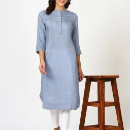 W Blue Lyocell Solid 3/4th Sleeves Kurta-image-36