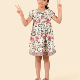 Fabindia Girls Off White Cotton Hand Block Printed Dress-picture-11