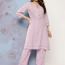 Nayam By Lakshita Floral Sequinned Tie-up Neck Cotton Linen Kurta With Palazzos-20