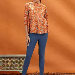 COTTON CULTURE Women Orange Jaipuri Cotton Floral Printed Peplum Top-image-1