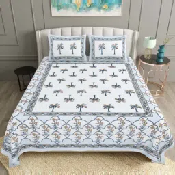 BELLA CASA Ethnic Collection Blue Cotton 180 TC King Bedsheet with 2 Pillow Covers-picture-21