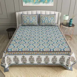BELLA CASA Ethnic Collection Blue Cotton 180 TC King Bedsheet with 2 Pillow Covers-picture-48