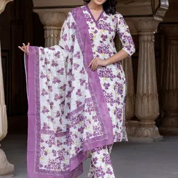 BAESD Ethnic Motifs Printed V-Neck Pure Cotton Straight Kurta With Trousers & Dupatta-picture-38
