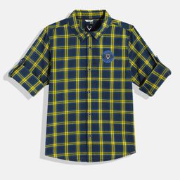 Allen Solly Junior Boys Navy Blue & Yellow Checked Pure Cotton Casual Shirt-image-10
