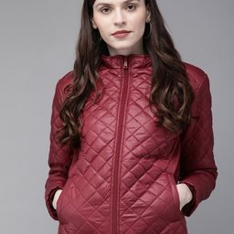 SASSAFRAS Women Maroon Solid Quilted Hooded Jacket-34