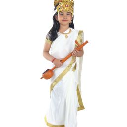 BookMyCostume Half Sleeves Sarasvati Mata Hindu Goddess Saree Fancy Dress Costume With Sitar & Jewellery Accessories - White-image-4