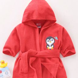 Babyhug Three Fourth Sleeves Hooded Bath Robe Penguin Embroidery- Red-image-57