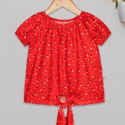 Budding Bees Puffed Sleeves Floral Print Knotted Top - Red-image-42