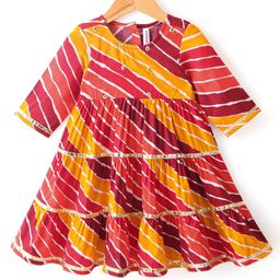 Babyhug Cotton Woven Three Fourth Sleeves Tiered Ethnic Dress  Leheriya Printed  - Yellow & Pink-image-25