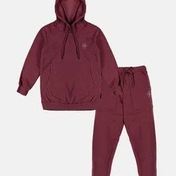 Kiddopanti Full Sleeves Brand Name Placement Printed Hooded Sweatshirt & Fleece Track Pant Set - Maroon-picture-23