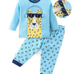 Babyhug Cotton Knit Full Sleeves Night Suit With Leopard Print & Embroidery - Blue-image-67