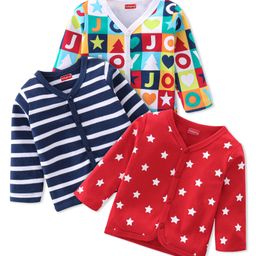 Babyhug 100% Cotton knit Full Sleeves Front Open Striped Vests with Alphabets & Stars Print Pack of 3 - Multicolour-image-91