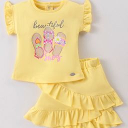 ToffyHouse 100% Knitted Cotton Frill Sleeves Top & Skirt Set Floral Print - Lemon Yellow-picture-17