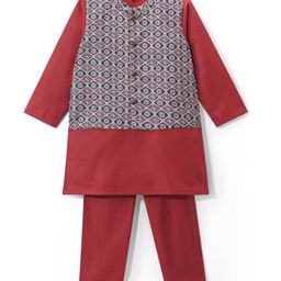 Babyhug Cotton Cambric Woven Full Sleeves Solid Kurta Pyjama Set With Printed Jacket - Red-image-49