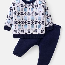 Babyhug Knitted Full Sleeves Intarsia Designed Pullover Sweater Set - Navy Blue & White-image-80