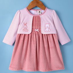 ToffyHouse Cotton Knit Full Sleeves Frock With Teddy Embroidery & Polka Dots Print - Light Pink-image-38