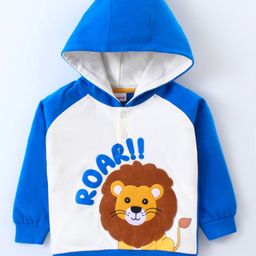Babyhug Cotton Knit Full Raglan Sleeves Hooded Sweatshirt with Lion Patch Detailing - White & Blue-image-89