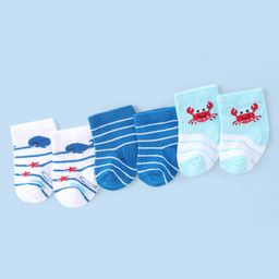 Cute Walk by Babyhug Knit Anti-Bacterial Ankle Length Socks with Striped Crab & Whale Design Pack of 3 - White  & Blue-image-13
