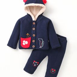 Yellow Apple Full Raglan Sleeves Sweater Set with Dino Embroidery & Ear Applique - Navy Blue-picture-22