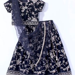 Babyhug Woven Short Sleeves Choli Lehenga & Dupatta Set with Floral Embroidery - Navy Blue-image-27