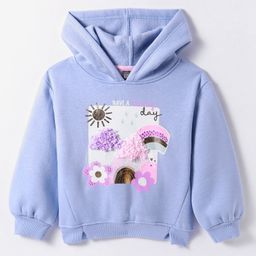 Little Kangaroos Fleece Knit Full Sleeves Floral Printed Hooded Sweatshirt with Sequin Detailing - Light Blue-picture-14