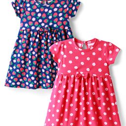 Babyhug Single Jersey Knit Half Sleeves Dresses With Floral & Fruit Print & Bow Applique Pack of 2 - Dark Pink & Navy Blue-image-17