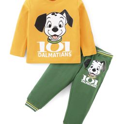 Babyhug Disney Cotton Knit Full Sleeves T-Shirt & Lounge Pants Set With 101 Dalmatians Graphics & Badge Detailing - Mustard & Green-image-68