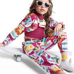 Ollington St. Cotton Knit Full Sleeves Turtle Neck Crop Sweatshirt & Joggers Set With Animals Print - Maroon-picture-33