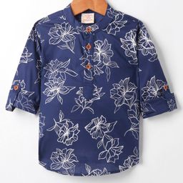Rikidoos Full Sleeves Floral Printed Kurta Style Shirt - Navy Blue-picture-31