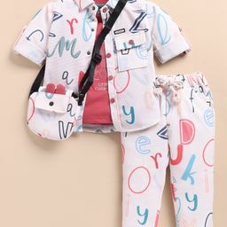 LITTLE COLLARS Blended Full Sleeves Alphabets Printed Shirt & Pant With Typography Detailed Tee & Bag Set - Peach & White-image-68