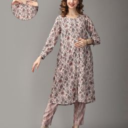 The Mom Store Cotton Full Sleeves Floral Printed Maternity Kurta With Nursing Access & Salwar Set - Multi Color-picture-2