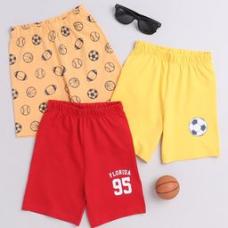 BUMZEE Cotton Woven Above Knee Length Shorts with Sports Print Pack of 3 - Red Yellow & Peach-image-69