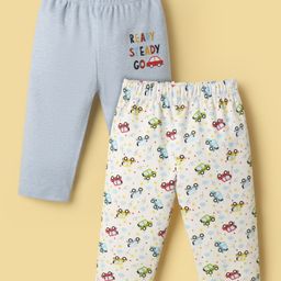Ben Benny 100% Cotton Knit Full Length Leggings With Vehicles & Text Theme Print Pack Of 2 - White & Light Blue-image-12