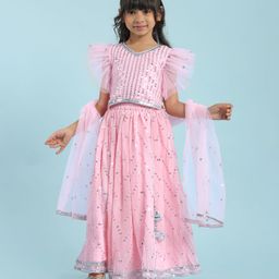 Babyhug Woven Frill Sleeves Choli Lehenga Set With Sequin Detailing & Dupatta - Pink-image-66