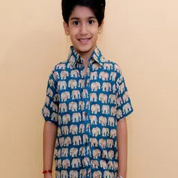 The Mom Store Cotton Half Sleeves Elephants Printed Shirt - Teal Blue-picture-24