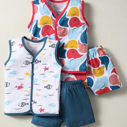 OHMS Single Jersey Knit Front Open Sleeveless Shorts Night Suit With Sea Life & Elephant Print Pack Of 2 - Navy Blue & Red-image-70
