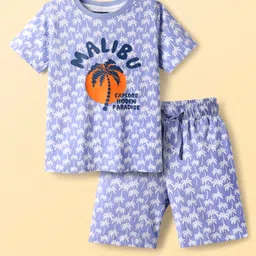 Pine Kids Single Jersey Knit Half Sleeves Short Night Suit With Tropical Theme Print - Blue-picture-17