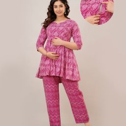 CeleBravo Rayon Three Fourth Sleeves Paisleys Printed Maternity Kurta With Nursing Access & Pant Set - Pink-image-95