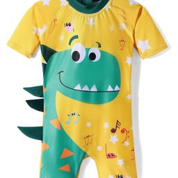 ROVARS Half Raglan Sleeves Legged Swimsuit with Dino Print & Applique - Yellow-image-41