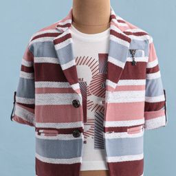 Dapper Dudes Full Sleeves Striped Blazer With Typography Printed Tee - Peach-image-96