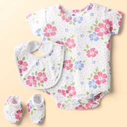 Doodle Poodle 100% Cotton Knit Half Sleeves Onesie With Bib & Booties with Floral Print - White-image-54