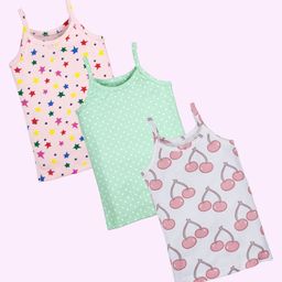 Kiddopanti Cotton Knit Pack Of 3 Stars & Polka Dots Printed Camisoles - Off White Green & Baby Pink-image-39