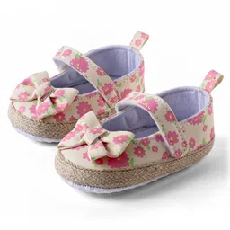 KIDLINGSS Floral Printed Bow Applique Detailed With Velcro Closure Booties - Beige & Pink-picture-0
