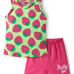 Babyhug 100% Cotton Knit Sleeveless Sando & Shorts Set With Strawberry Print - Light Green & Pink-image-76