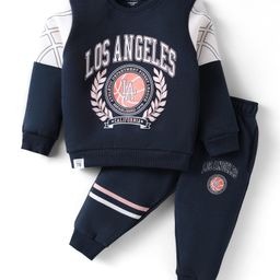 CUCUMBER Fleece Knit Full Sleeves Winter Wear Sweatshirt & Lounge Pant Set With Los Angeles Print - Navy Blue-image-20
